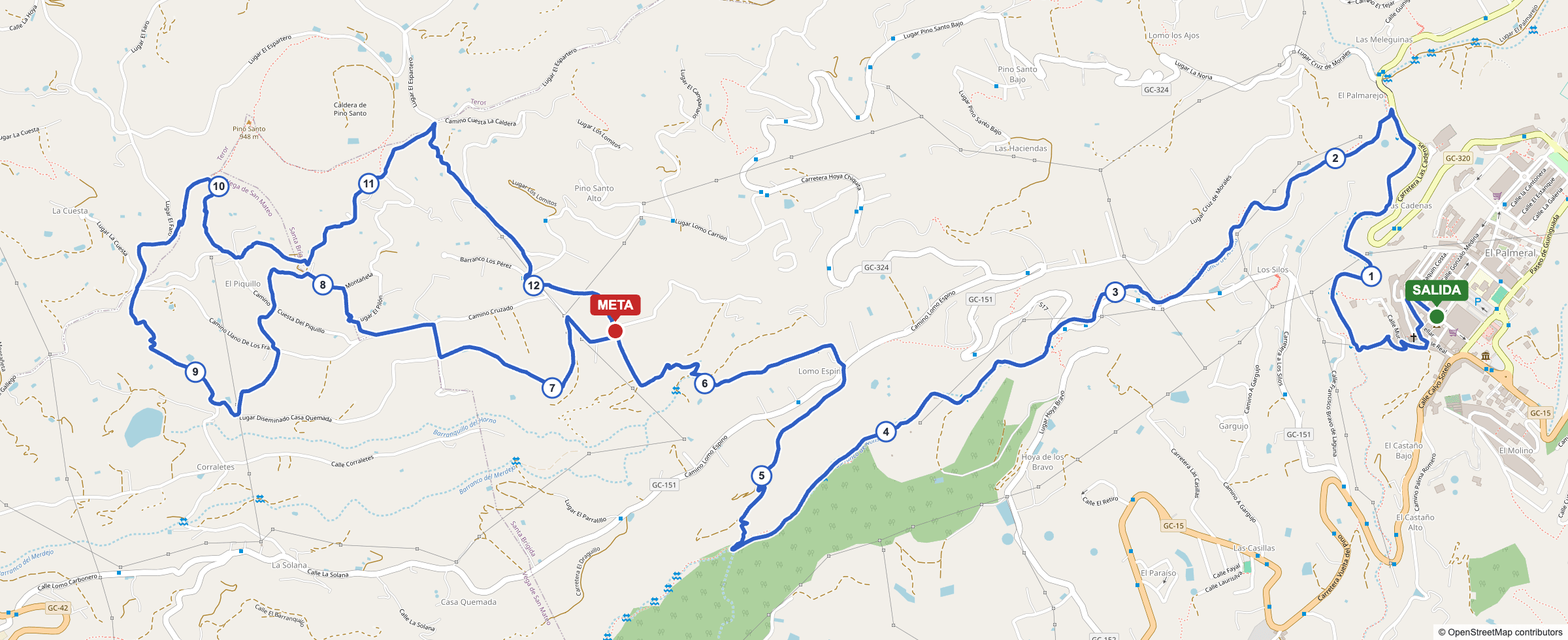 Mapa del recorrido de la carrera Trail Pino Santo 2026 con salida, meta y puntos kilométricos